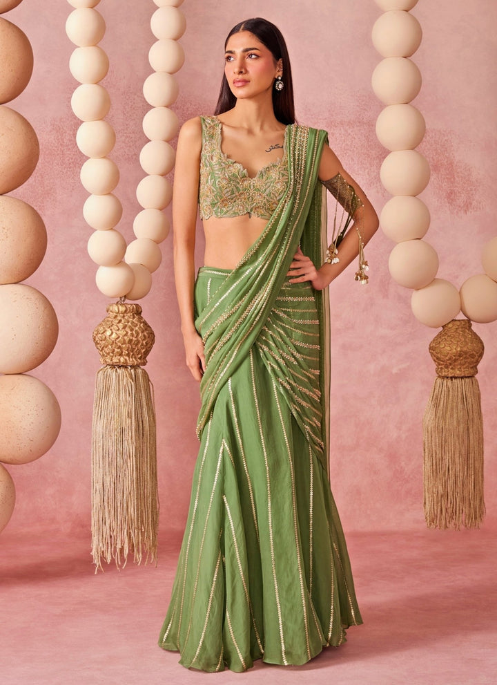 Chamee And Palak Green Organza Pre-Draped Saree SetFabilicious Fashion