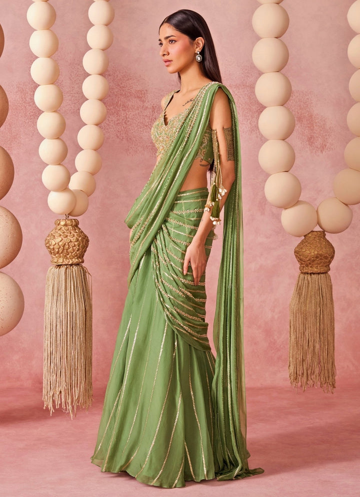 Chamee And Palak Green Organza Pre-Draped Saree SetFabilicious Fashion