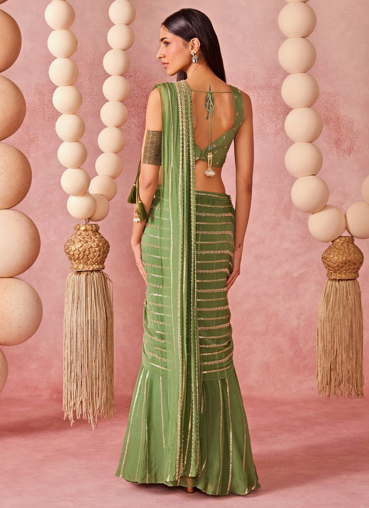 Chamee And Palak Green Organza Pre-Draped Saree SetFabilicious Fashion