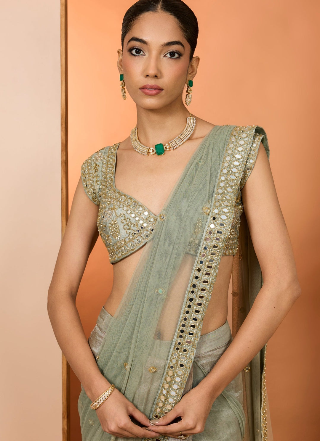 Green Organza Predraped Saree Neha Khullar - Fabilicious Fashion