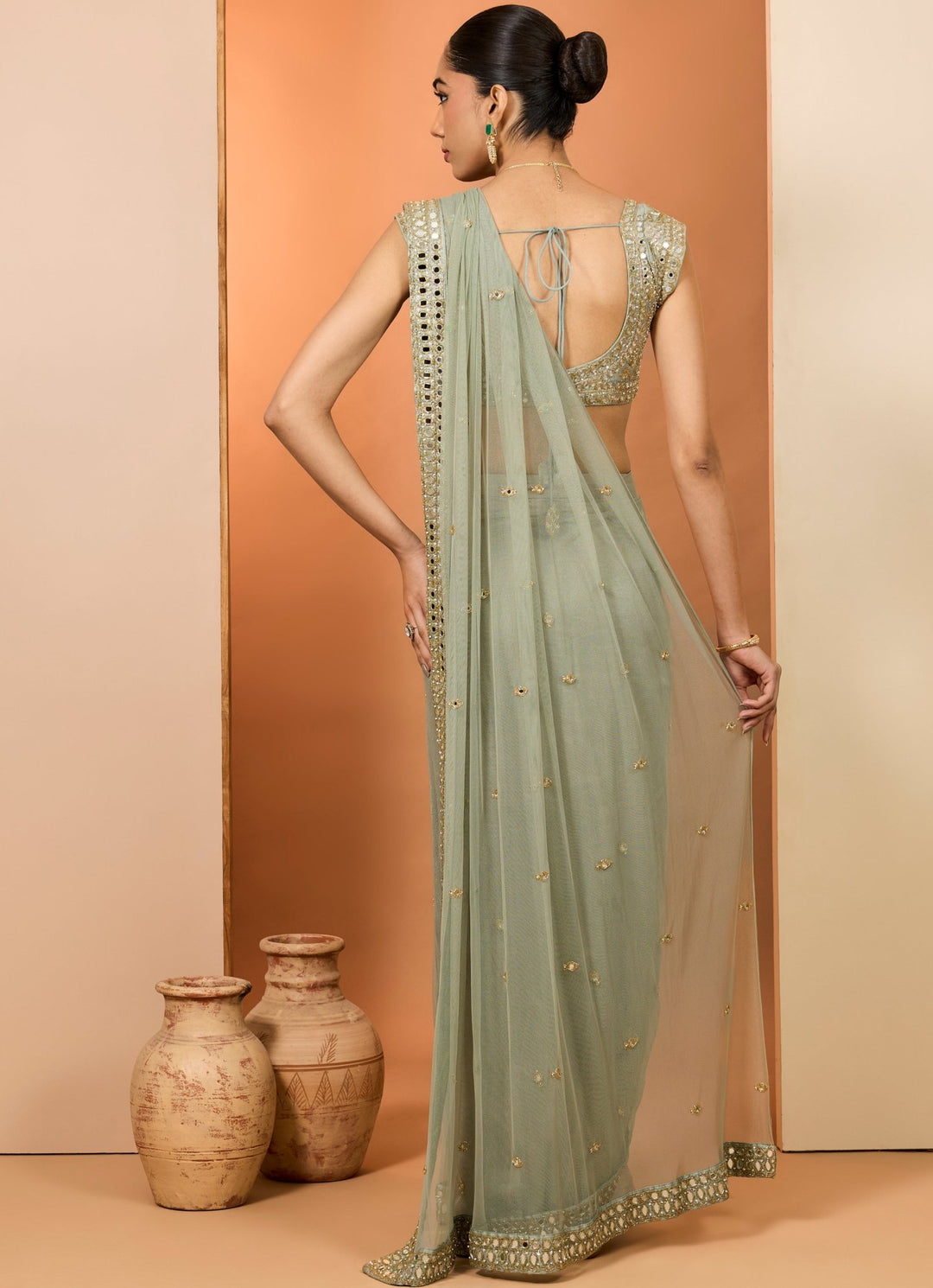 Green Organza Predraped Saree Neha Khullar - Fabilicious Fashion