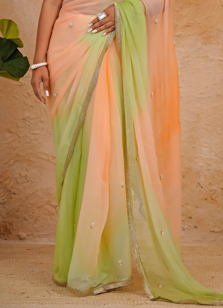 Geroo Jaipur Green &amp; Peach Shaded Chiffon SareeFabilicious Fashion