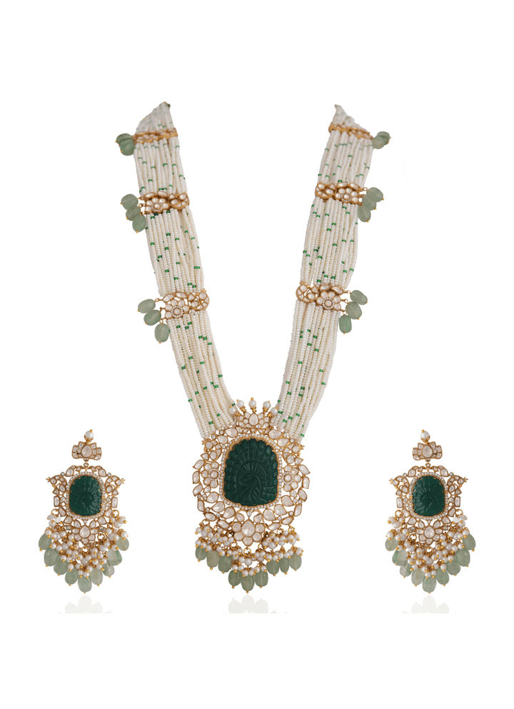 Green Peacock Embellished Jadau Long Necklace Set Kalyani Indian Jewelry - Fabilicious Fashion