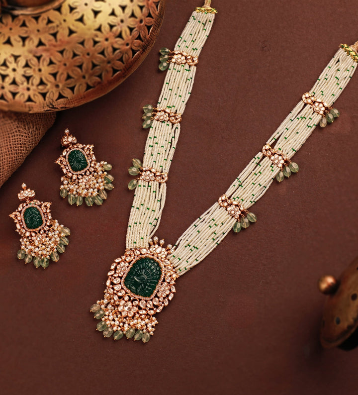 Green Peacock Embellished Jadau Long Necklace Set Kalyani Indian Jewelry - Fabilicious Fashion