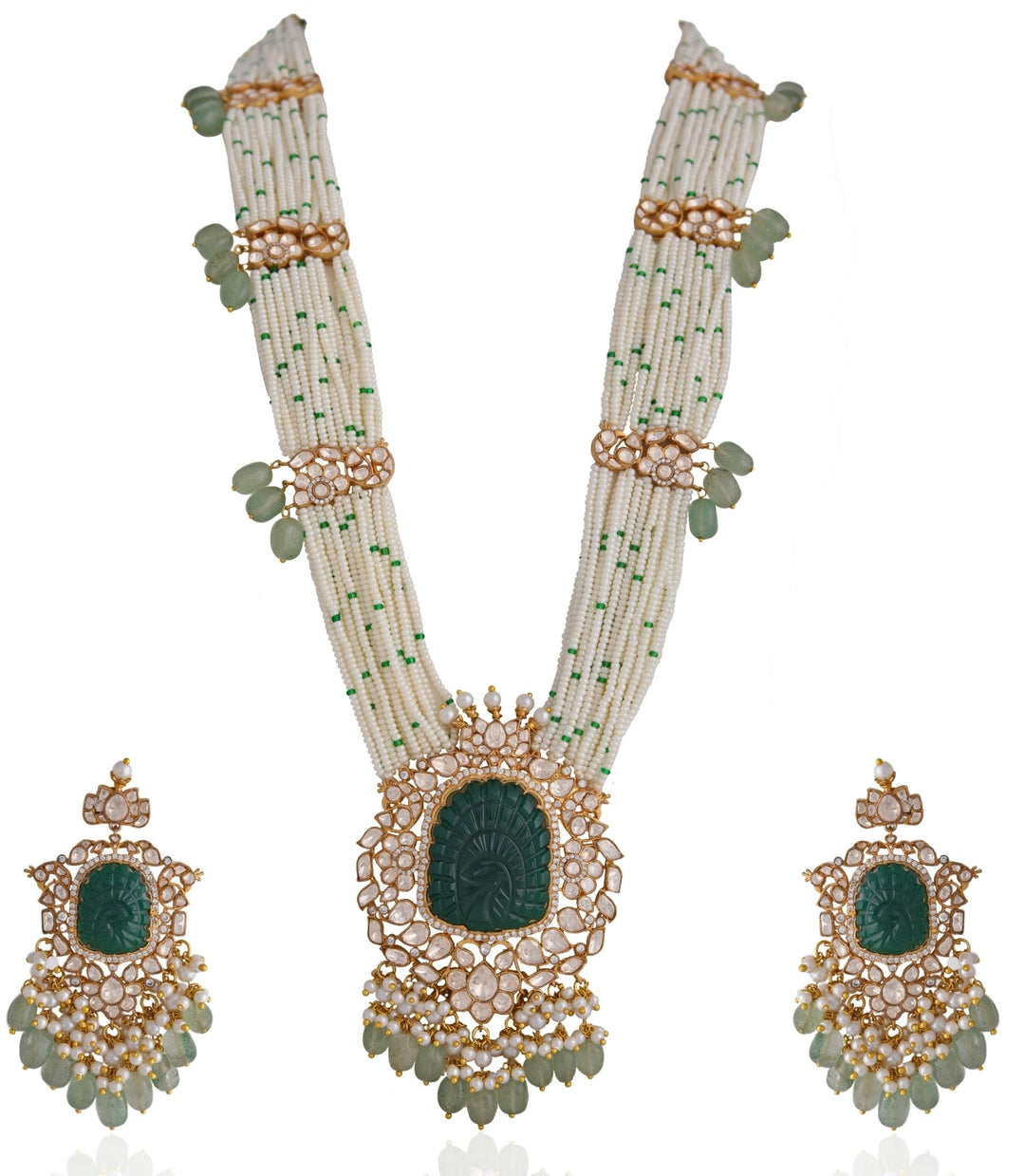 Green Peacock Embellished Jadau Long Necklace Set Kalyani Indian Jewelry - Fabilicious Fashion