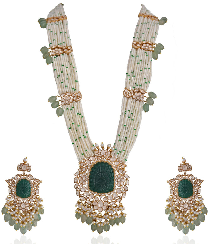 Green Peacock Embellished Jadau Long Necklace Set Kalyani Indian Jewelry - Fabilicious Fashion