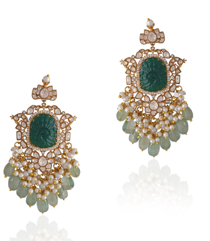 Green Peacock Embellished Jadau Long Necklace Set Kalyani Indian Jewelry - Fabilicious Fashion