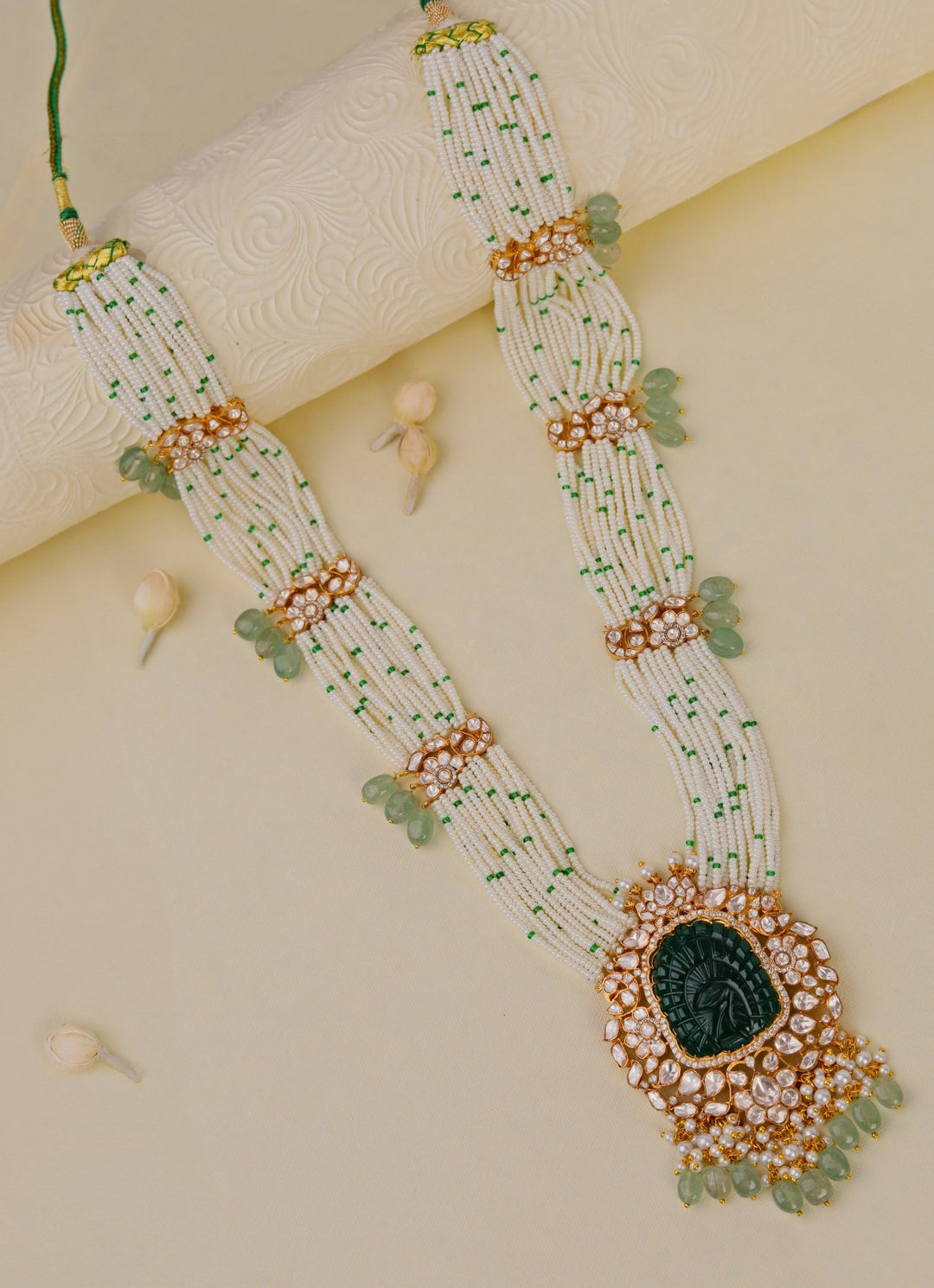 Green Peacock Embellished Jadau Long Necklace Set Kalyani Indian Jewelry - Fabilicious Fashion