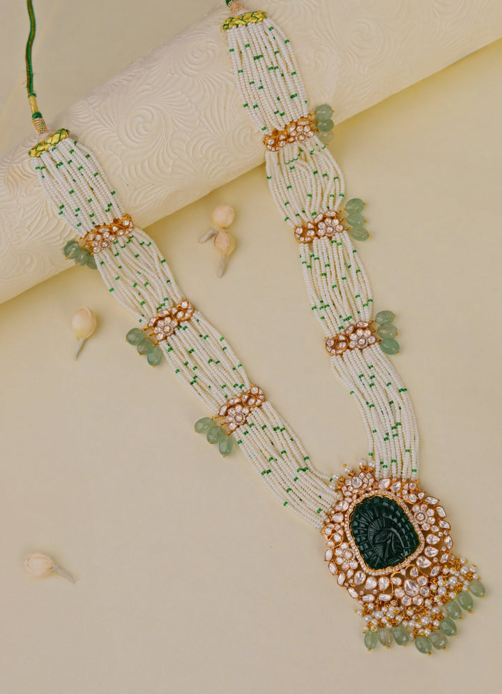 Green Peacock Embellished Jadau Long Necklace Set Kalyani Indian Jewelry - Fabilicious Fashion