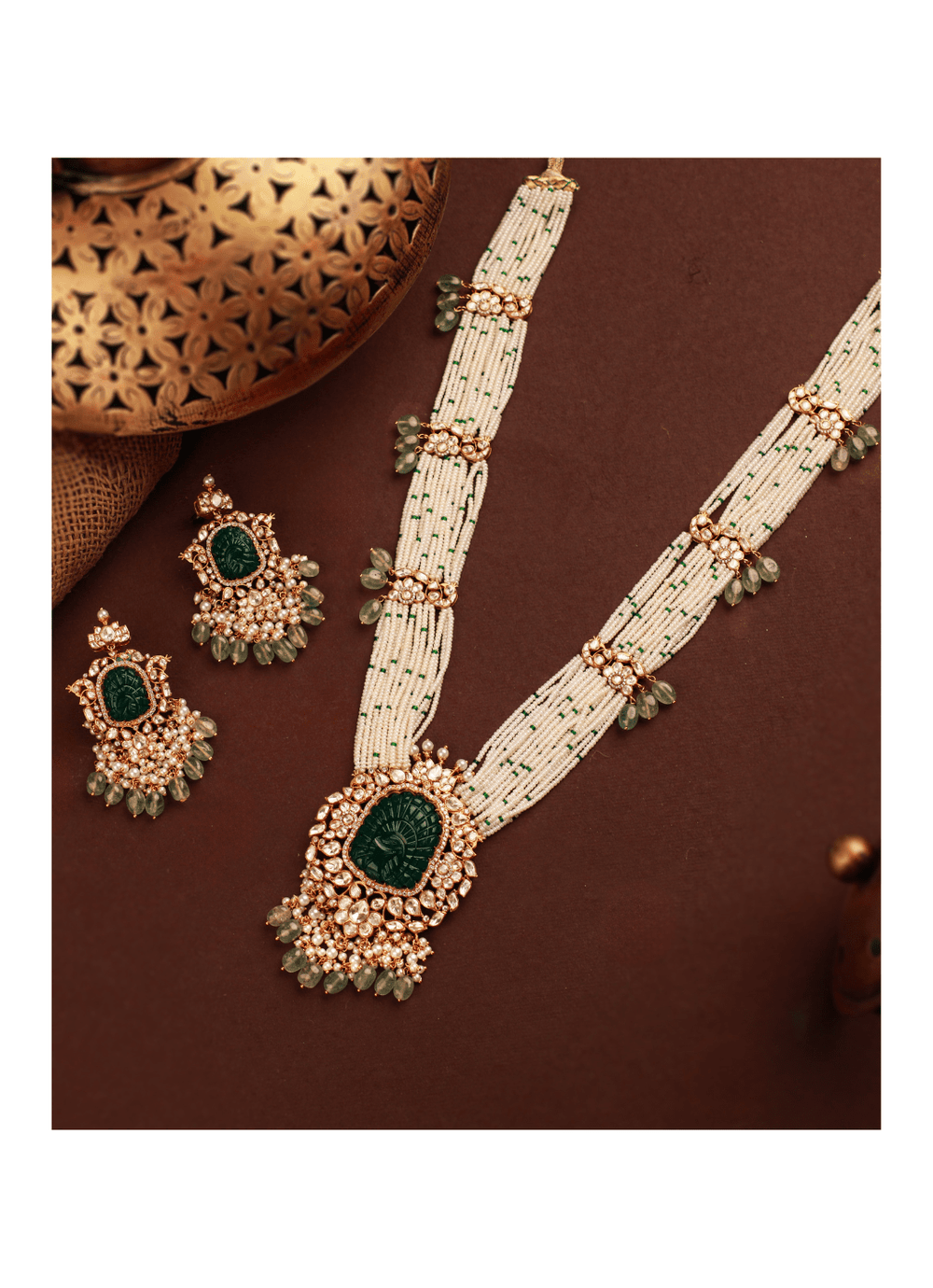 Green Peacock Embellished Jadau Long Necklace Set Kalyani Indian Jewelry - Fabilicious Fashion