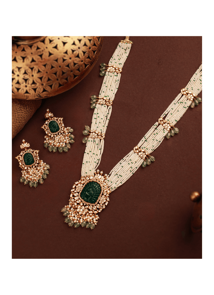 Green Peacock Embellished Jadau Long Necklace Set Kalyani Indian Jewelry - Fabilicious Fashion