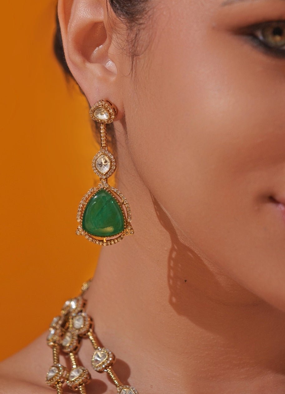 Green Polki 4 Layered Two Tone Long Necklace Set Zevar by Geeta - Fabilicious Fashion