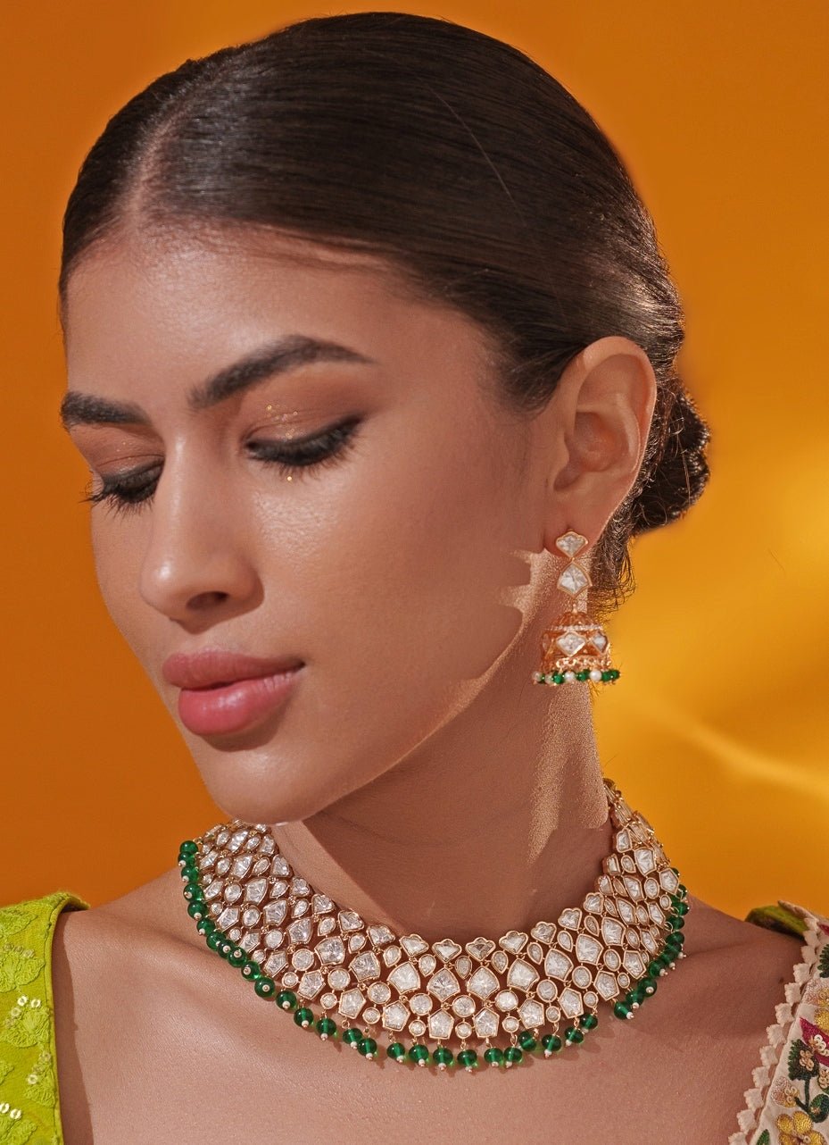 Green Polki Gold Necklace Set Zevar by Geeta - Fabilicious Fashion