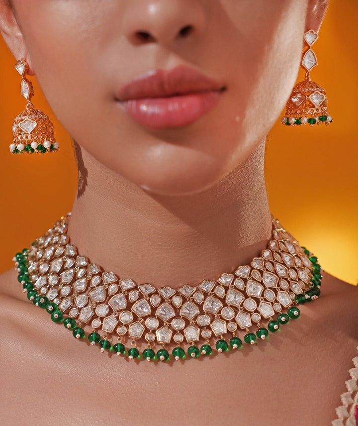 Green Polki Gold Necklace Set Zevar by Geeta - Fabilicious Fashion