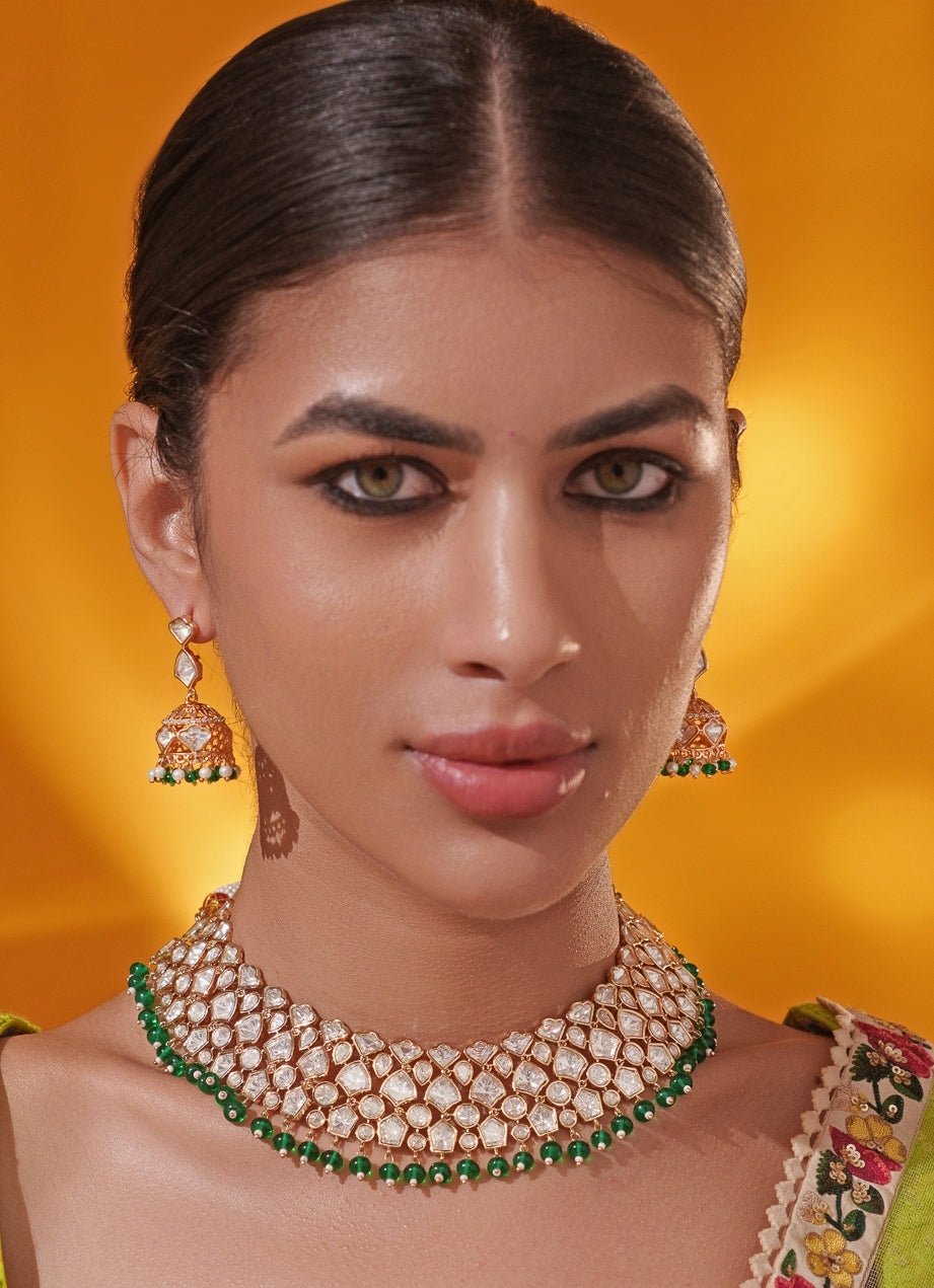 Green Polki Gold Necklace Set Zevar by Geeta - Fabilicious Fashion