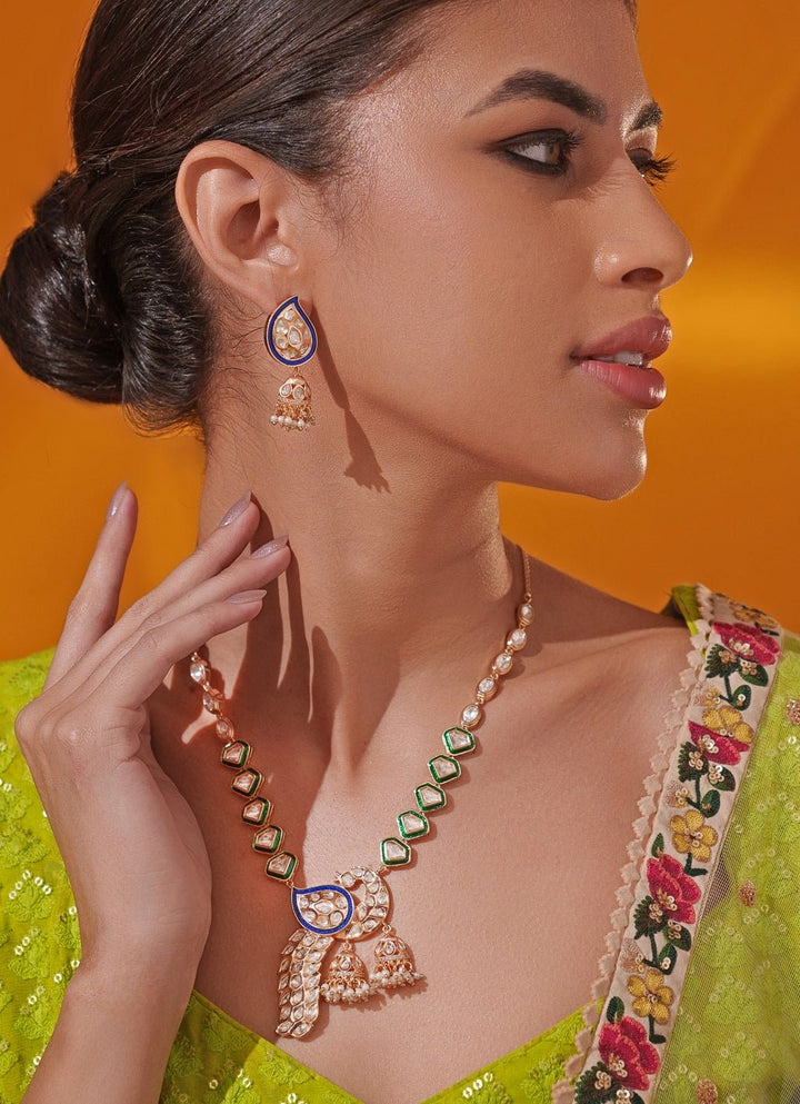 Green Polki Peacock Motif Gold Long Necklace Set Zevar by Geeta - Fabilicious Fashion