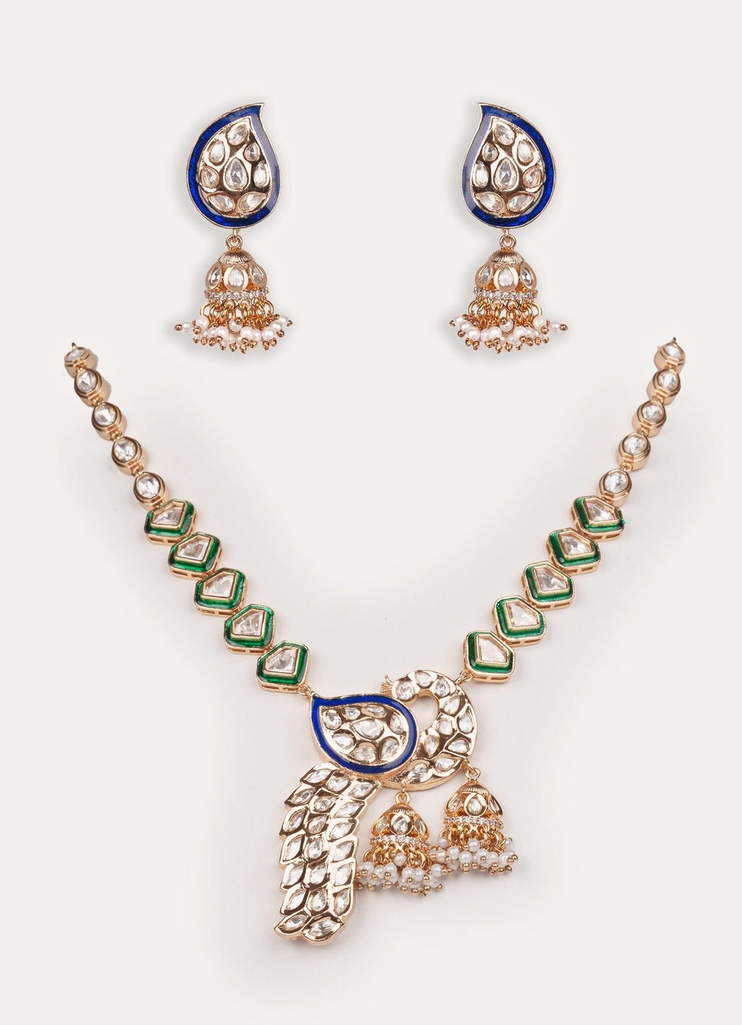 Green Polki Peacock Motif Gold Long Necklace Set Zevar by Geeta - Fabilicious Fashion