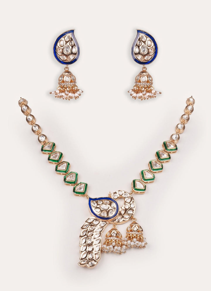 Green Polki Peacock Motif Gold Long Necklace Set Zevar by Geeta - Fabilicious Fashion