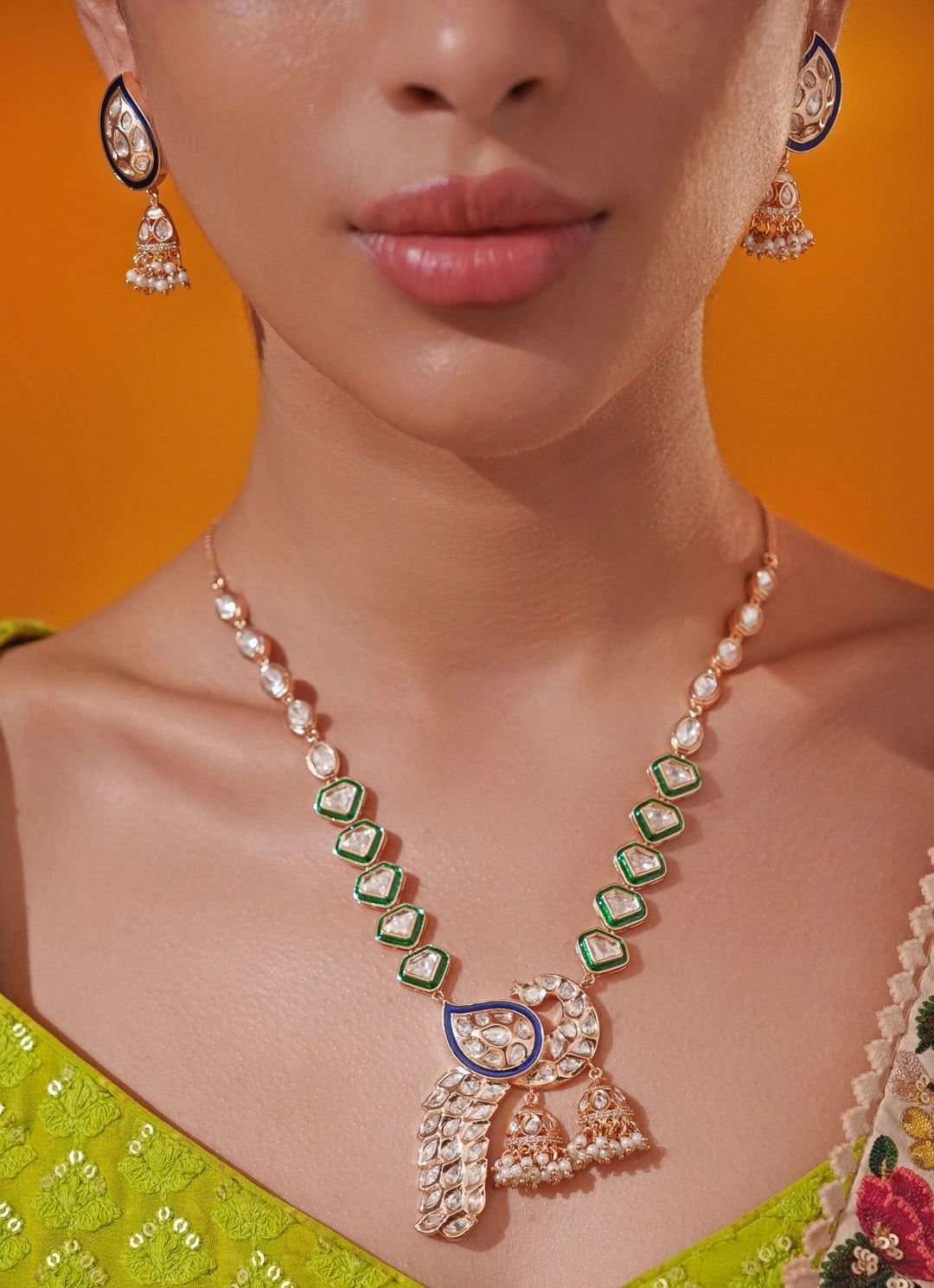 Green Polki Peacock Motif Gold Long Necklace Set Zevar by Geeta - Fabilicious Fashion