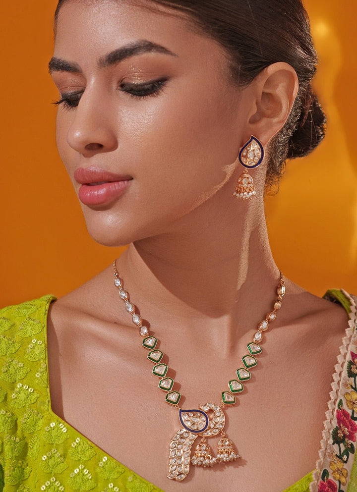 Green Polki Peacock Motif Gold Long Necklace Set Zevar by Geeta - Fabilicious Fashion