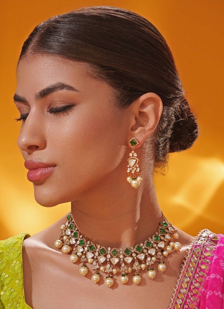 Green Polki Two Tone Necklace Set Zevar by Geeta - Fabilicious Fashion