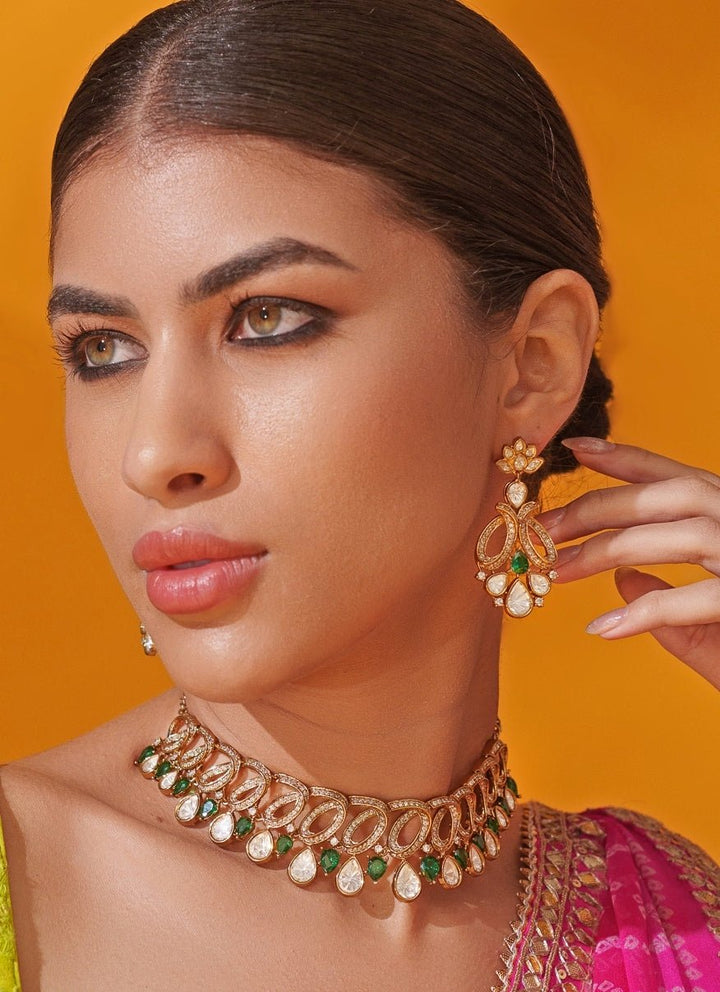 Green Polki Two Tone Necklace Set Zevar by Geeta - Fabilicious Fashion