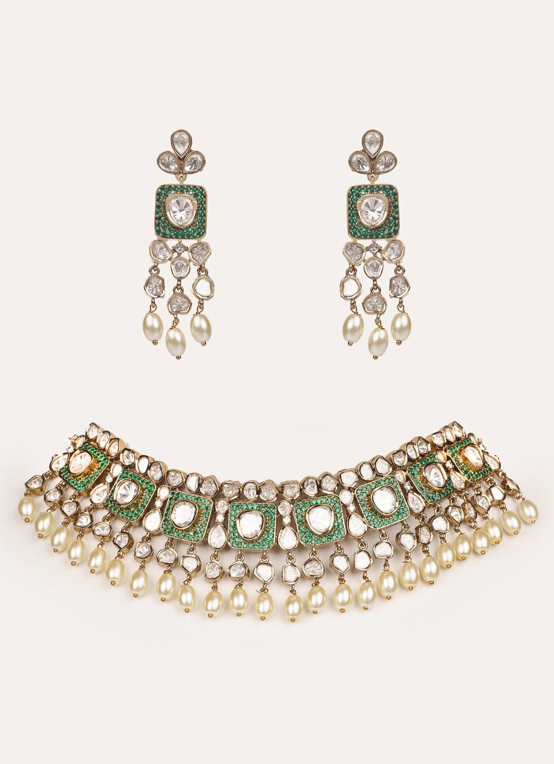 Green Polki Two Tone Necklace Set Zevar by Geeta - Fabilicious Fashion