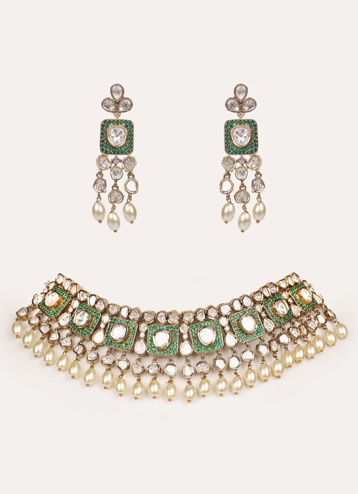 Green Polki Two Tone Necklace Set Zevar by Geeta - Fabilicious Fashion