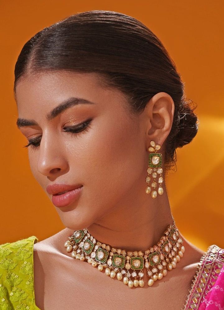 Green Polki Two Tone Necklace Set Zevar by Geeta - Fabilicious Fashion