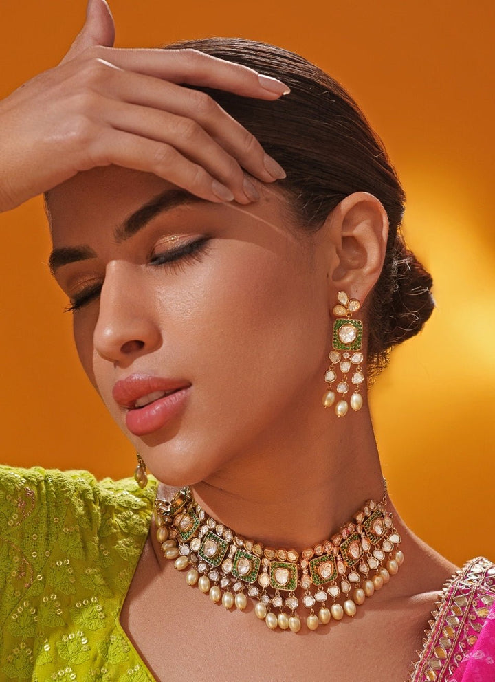 Green Polki Two Tone Necklace Set Zevar by Geeta - Fabilicious Fashion