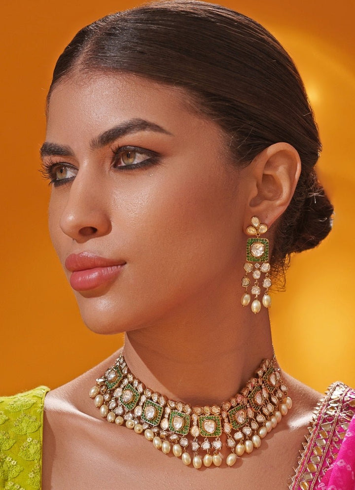 Green Polki Two Tone Necklace Set Zevar by Geeta - Fabilicious Fashion