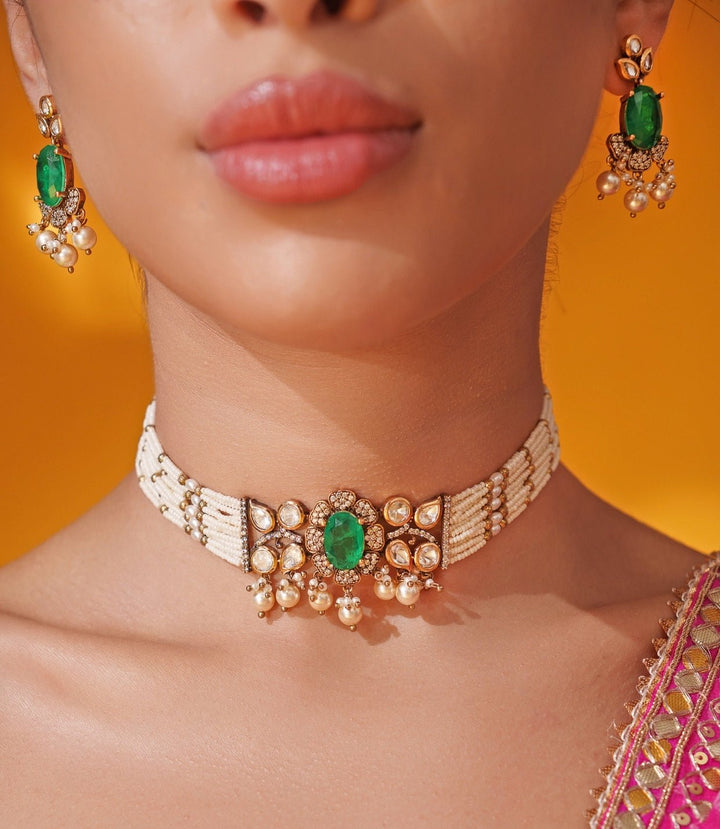 Green Polki Two Tone Pearl Choker Set Zevar by Geeta - Fabilicious Fashion