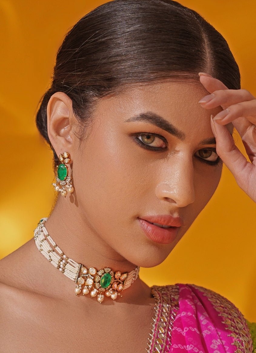 Green Polki Two Tone Pearl Choker Set Zevar by Geeta - Fabilicious Fashion