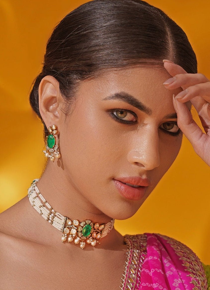 Green Polki Two Tone Pearl Choker Set Zevar by Geeta - Fabilicious Fashion