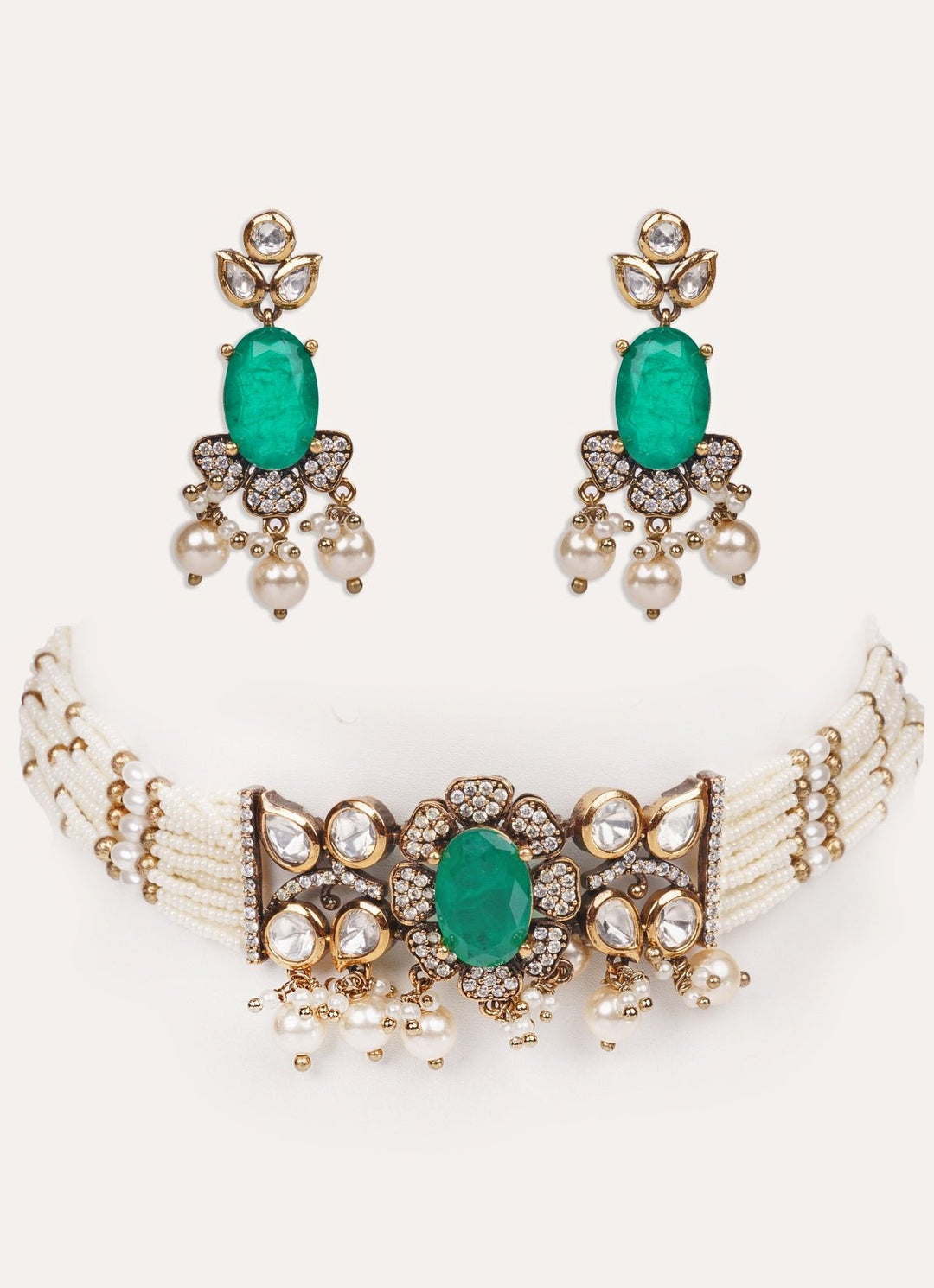 Green Polki Two Tone Pearl Choker Set Zevar by Geeta - Fabilicious Fashion