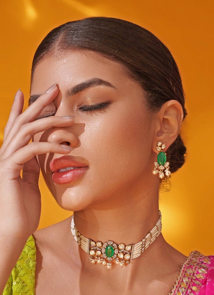 Green Polki Two Tone Pearl Choker Set Zevar by Geeta - Fabilicious Fashion