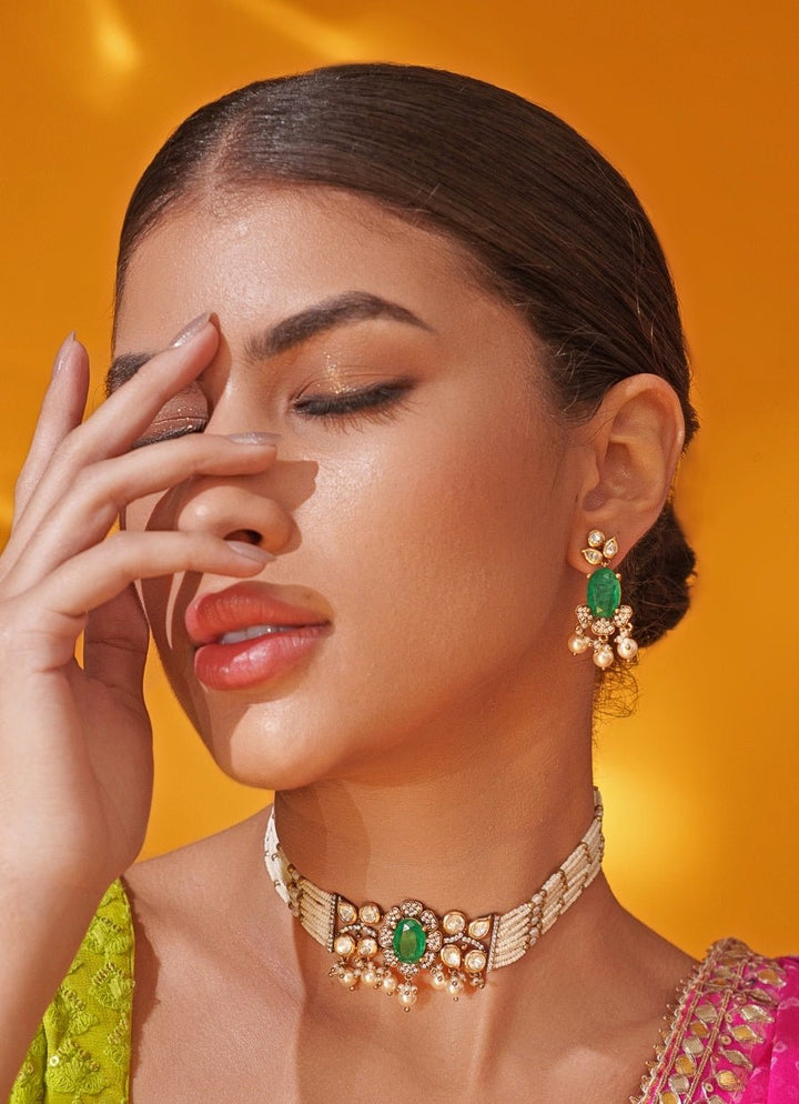 Green Polki Two Tone Pearl Choker Set Zevar by Geeta - Fabilicious Fashion