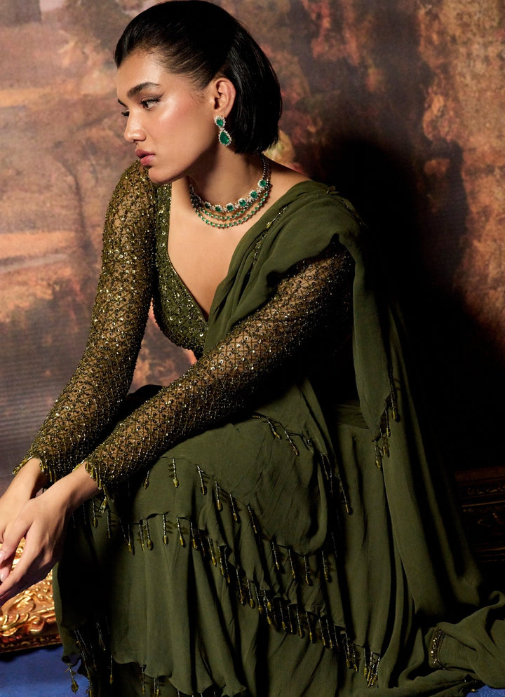 Green Pre Draped Georgette Saree With Sequinned Blouse Mani Bhatia - Fabilicious Fashion