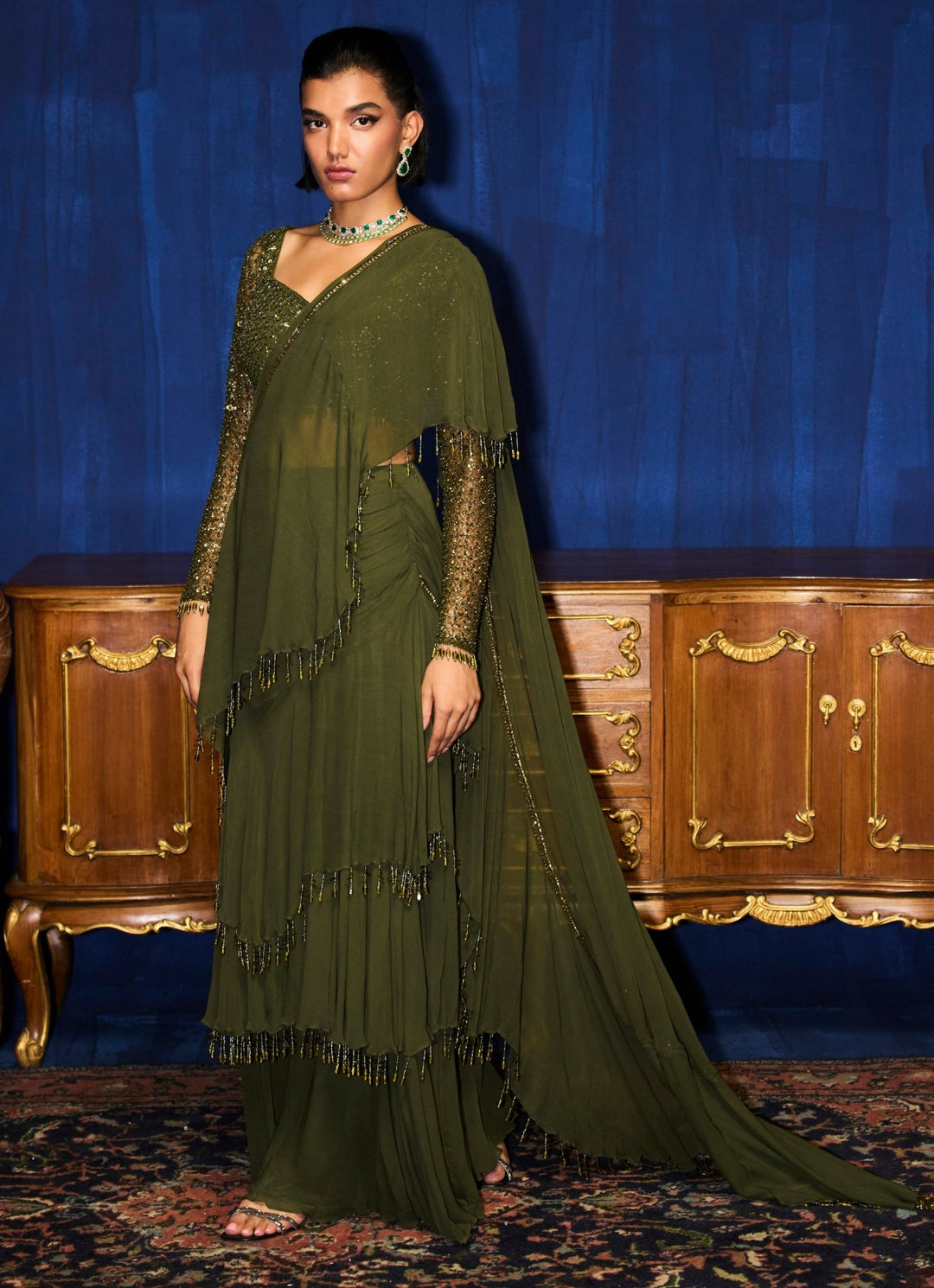 Green Pre Draped Georgette Saree With Sequinned Blouse Mani Bhatia - Fabilicious Fashion