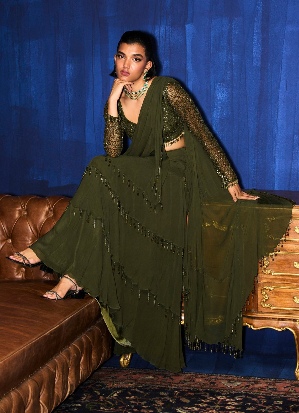 Green Pre Draped Georgette Saree With Sequinned Blouse Mani Bhatia - Fabilicious Fashion