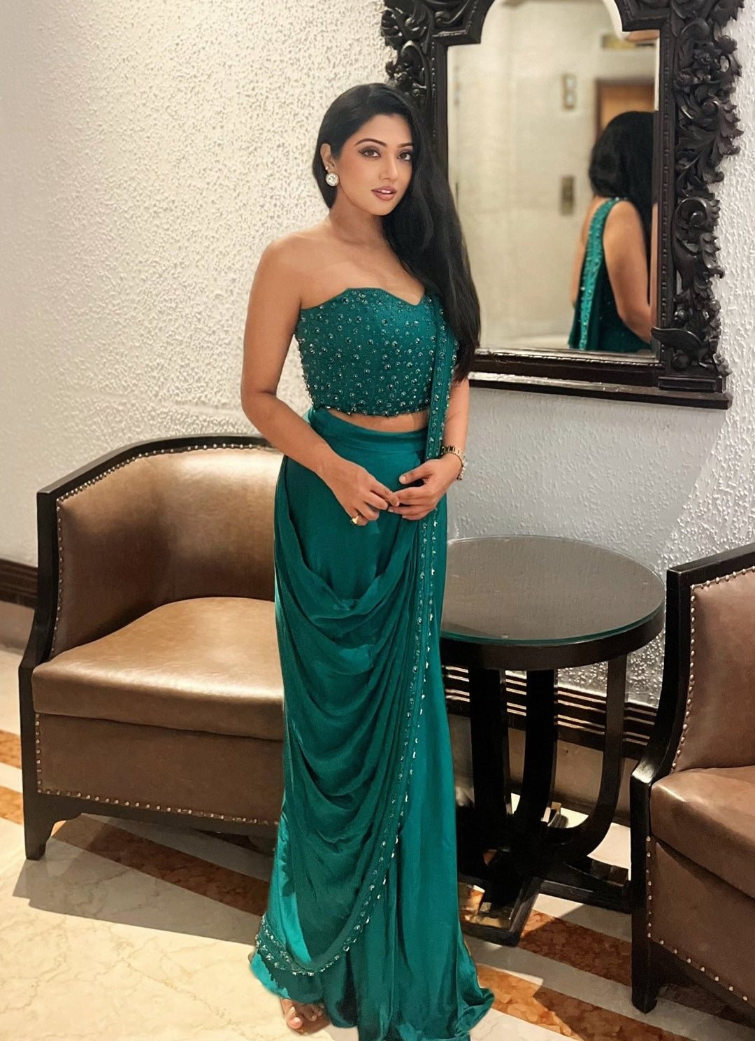 Quench A Thirst Green Pre Draped Satin Saree With Corset BlouseFabilicious Fashion