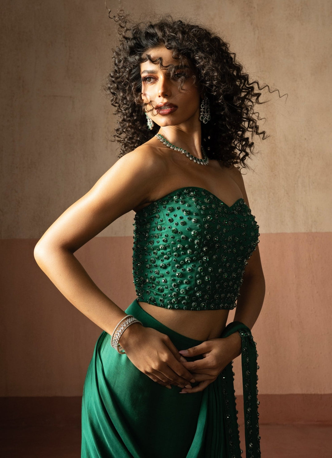 Green Pre Draped Satin Saree With Corset Blouse Quench A Thirst - Fabilicious Fashion