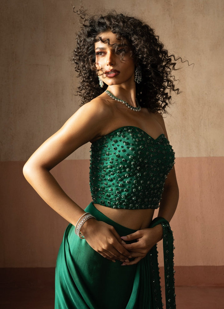Green Pre Draped Satin Saree With Corset Blouse Quench A Thirst - Fabilicious Fashion