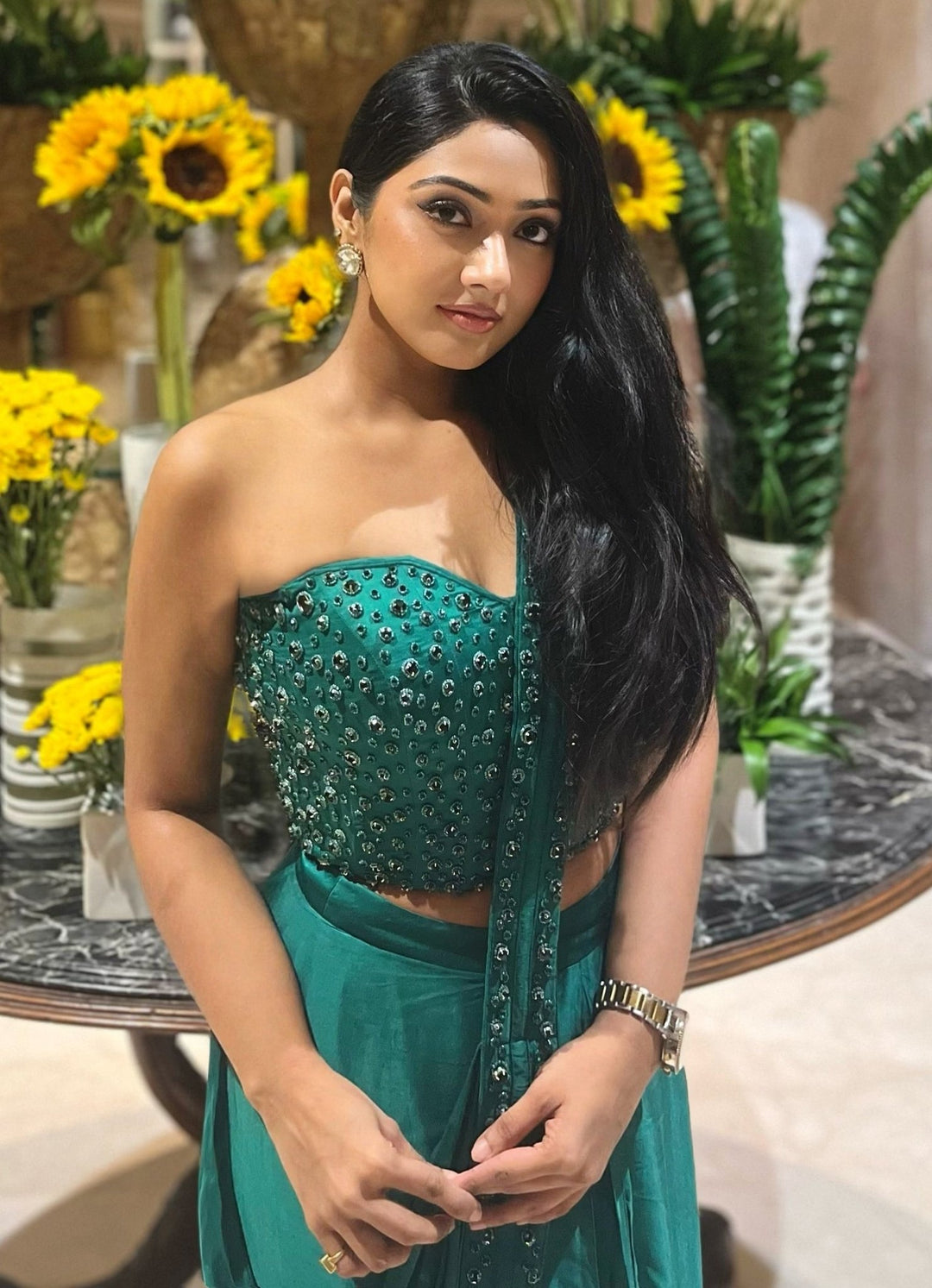 Quench A Thirst Green Pre Draped Satin Saree With Corset BlouseFabilicious Fashion