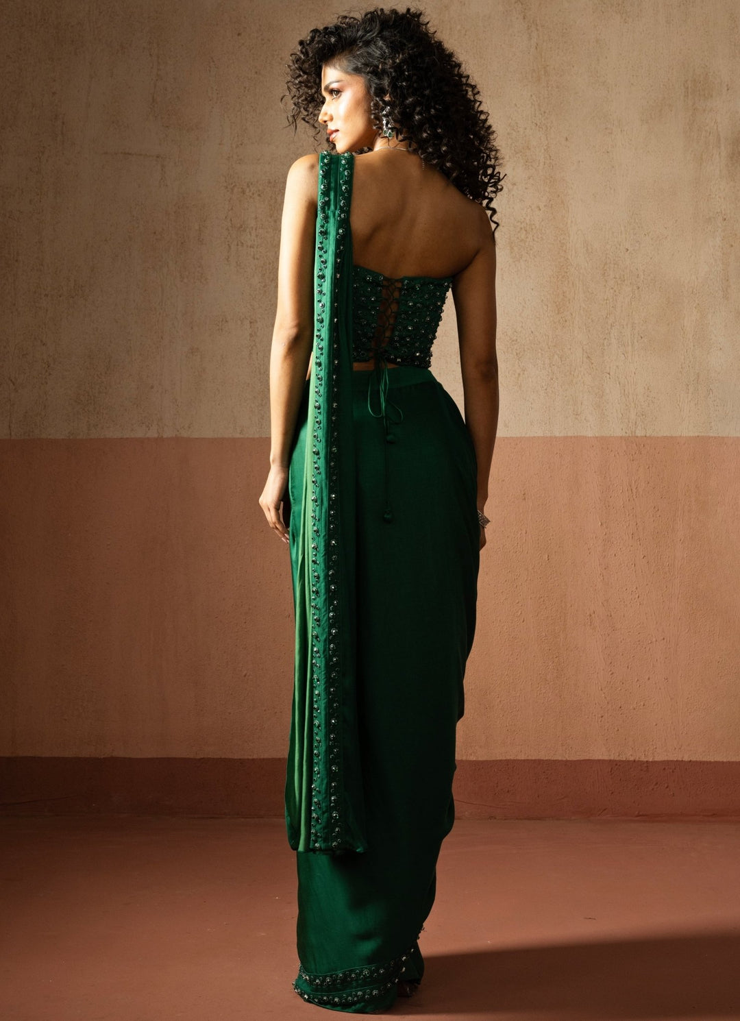 Green Pre Draped Satin Saree With Corset Blouse Quench A Thirst - Fabilicious Fashion