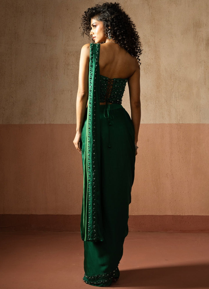 Green Pre Draped Satin Saree With Corset Blouse Quench A Thirst - Fabilicious Fashion