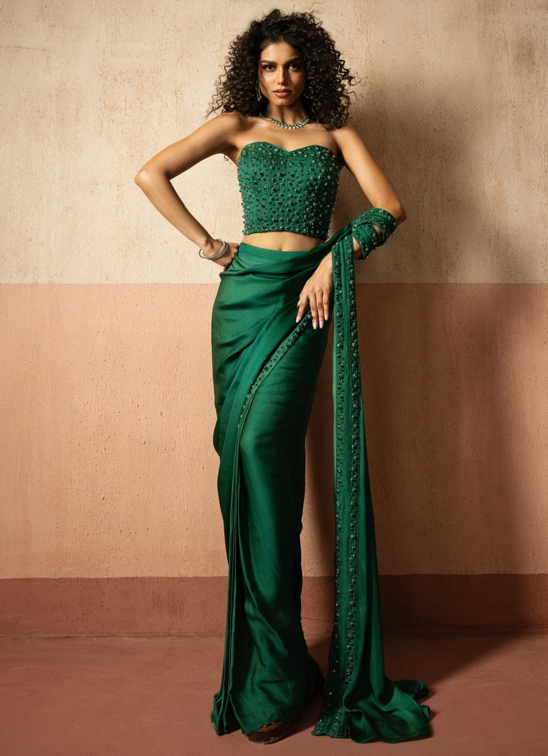 Green Pre Draped Satin Saree With Corset Blouse Quench A Thirst - Fabilicious Fashion