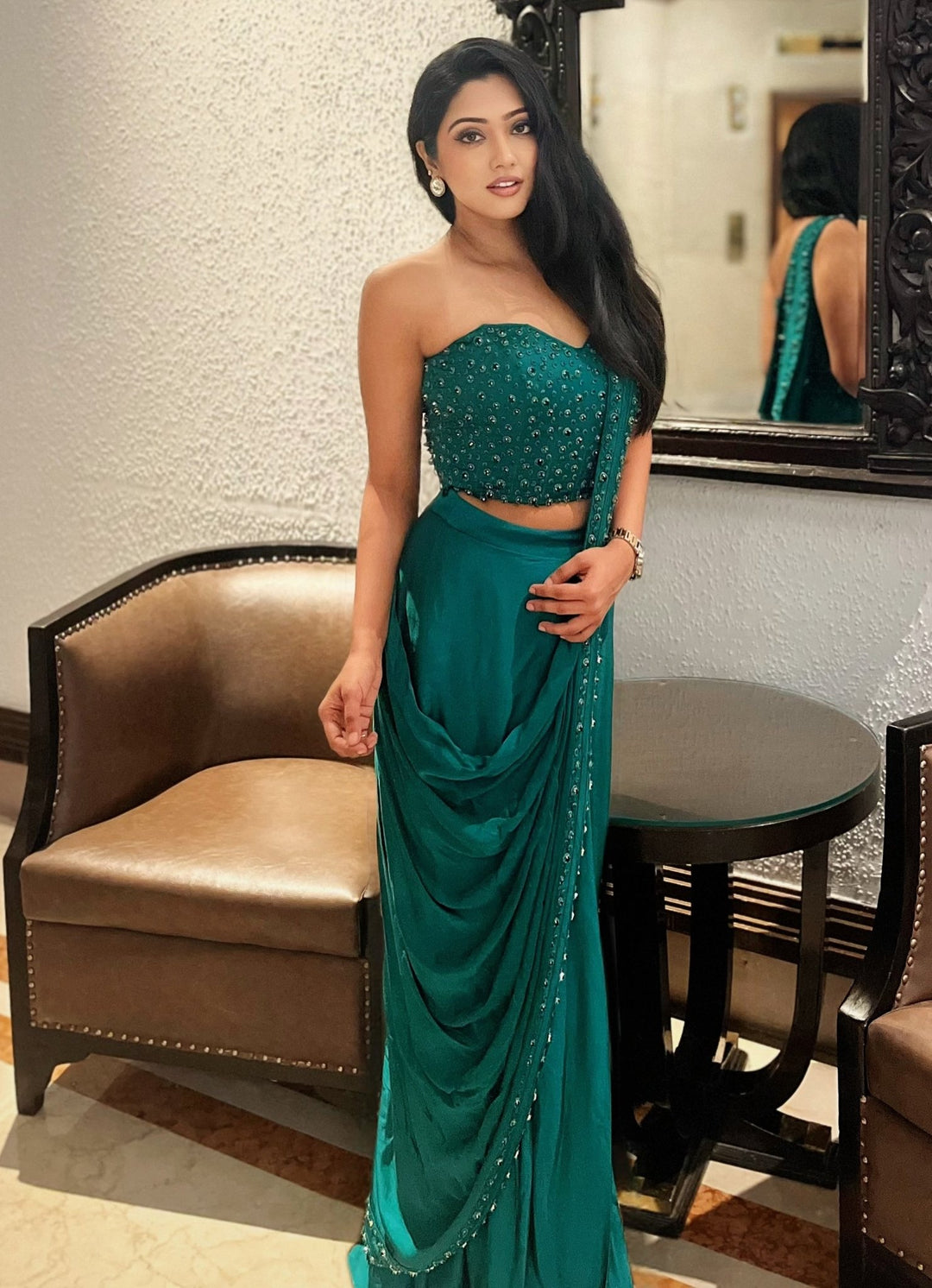Quench A Thirst Green Pre Draped Satin Saree With Corset BlouseFabilicious Fashion