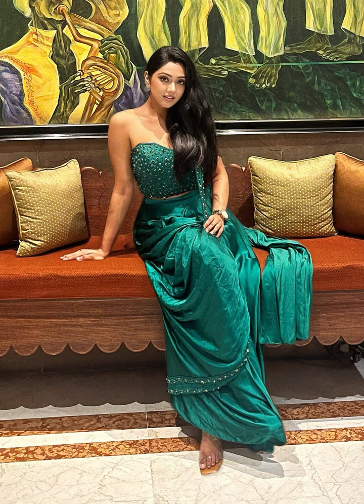 Quench A Thirst Green Pre Draped Satin Saree With Corset BlouseFabilicious Fashion