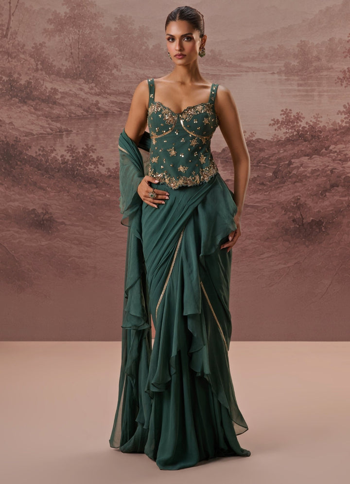 Parul Gandhi Green Predraped Georgette Saree With Corset BlouseFabilicious Fashion